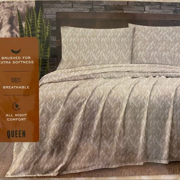 Frye King Sheet 4 Pc Set Flat Fitted Pillowcase Tan Feather 100% Cotton NEW - Picture 3 of 3